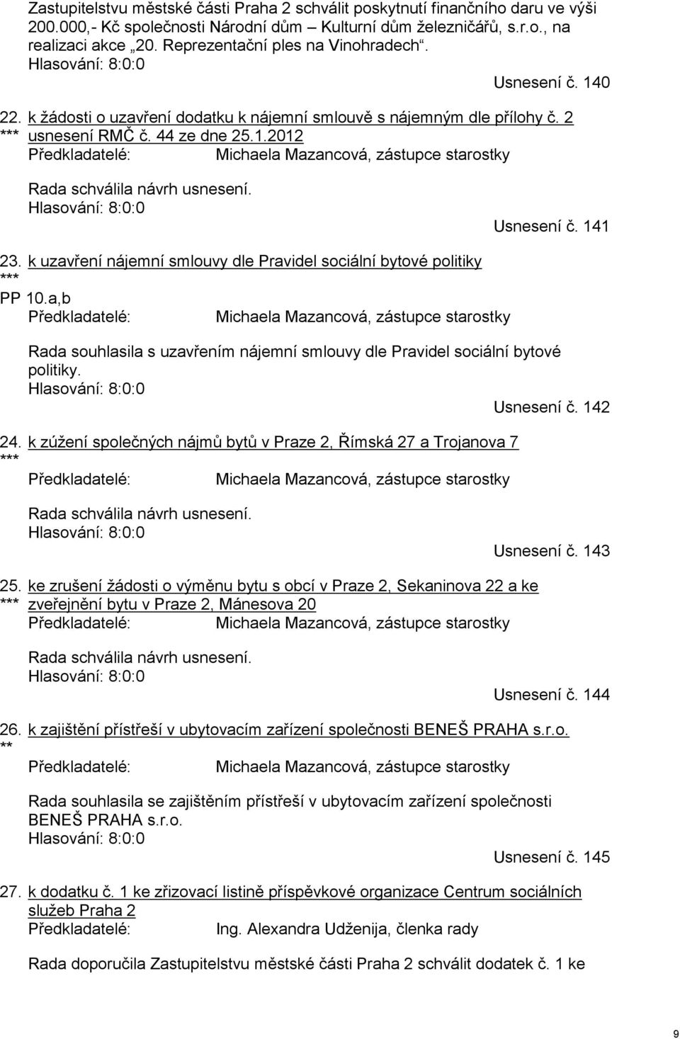 Hlasování: 8:0:0 Usnesení č. 141 23. k uzavření nájemní smlouvy dle Pravidel sociální bytové politiky *** PP 10.