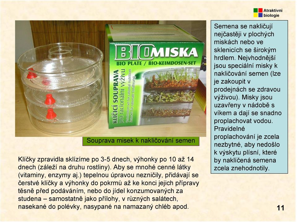 různých salátech, nasekané do polévky, nasypané na namazaný chléb apod. Semena se nakličují nejčastěji v plochých miskách nebo ve sklenicích se širokým hrdlem.