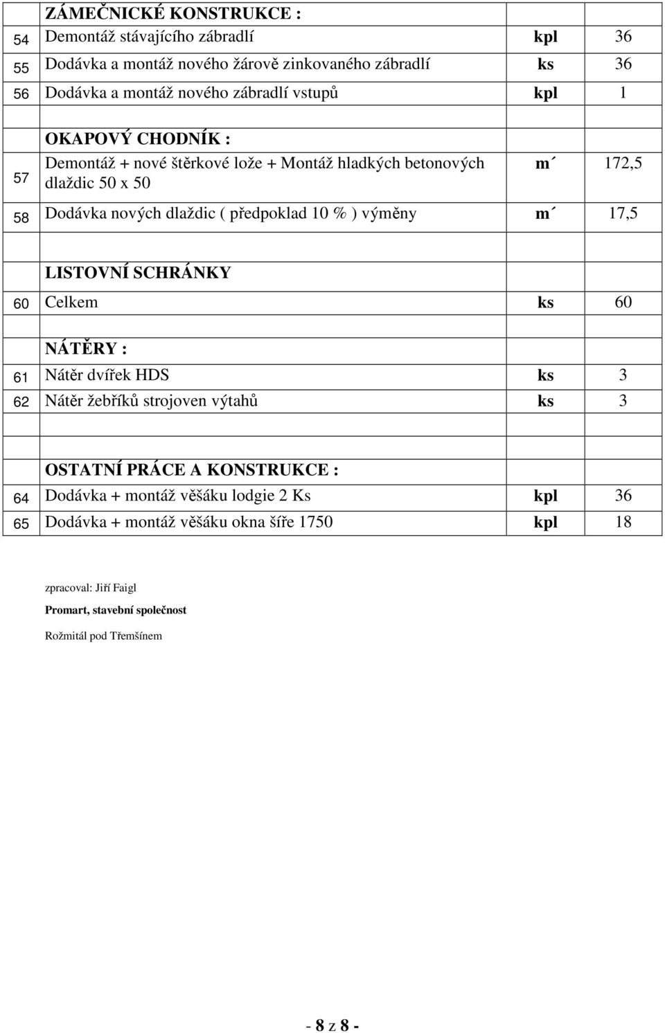 výměny m 17,5 LISTOVNÍ SCHRÁNKY 60 Celkem ks 60 NÁTĚRY : 61 Nátěr dvířek HDS ks 3 62 Nátěr žebříků strojoven výtahů ks 3 OSTATNÍ PRÁCE A KONSTRUKCE : 64 Dodávka +