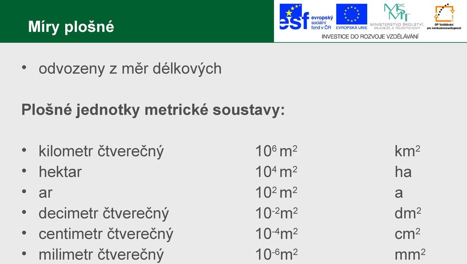 10 4 m 2 ha ar 10 2 m 2 a decimetr čtverečný 10-2 m 2 dm 2