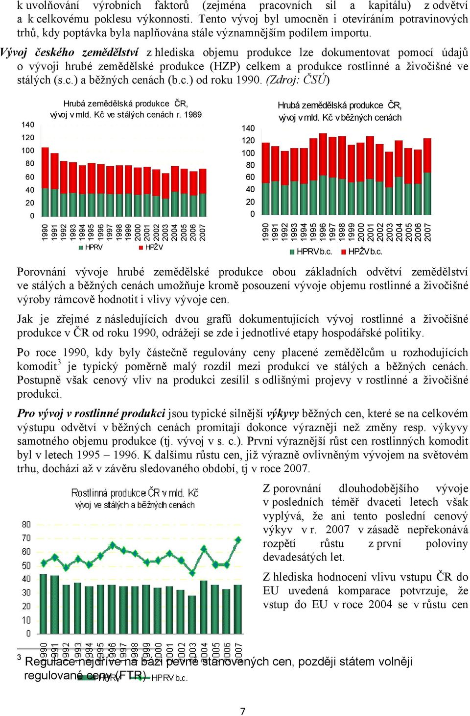 Vývoj českého zemědělství z hlediska objemu produkce lze dokumentovat pomocí údajů o vývoji hrubé zemědělské produkce (HZP) celkem a produkce rostlinné a živočišné ve stálých (s.c.) a běžných cenách (b.