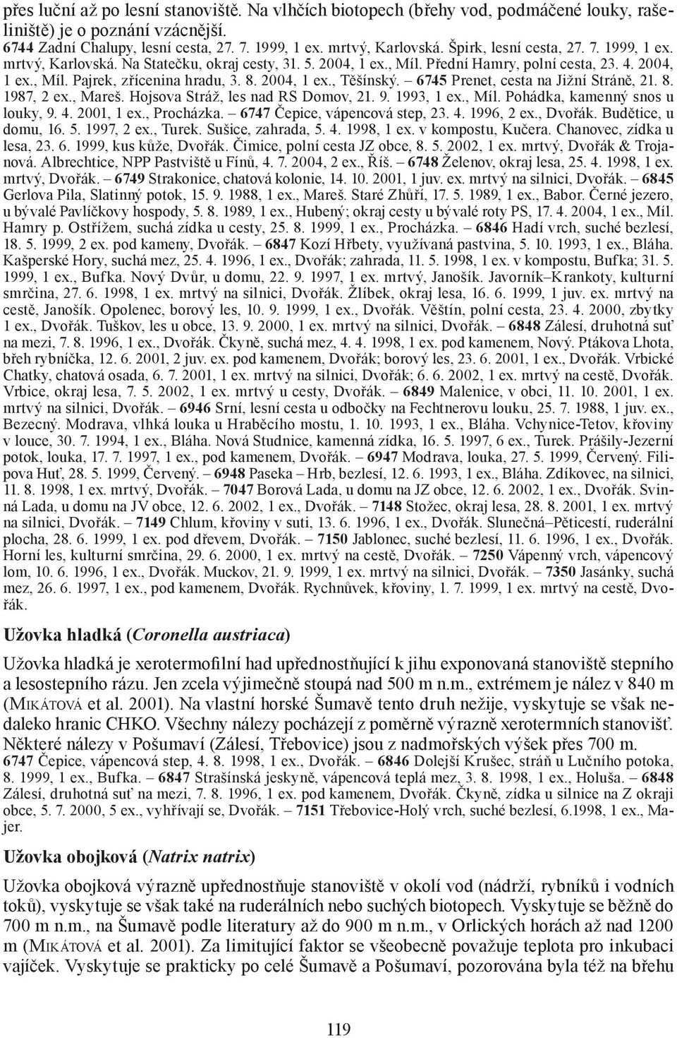 2004, 1 ex., Těšínský. 6745 Prenet, cesta na Jižní Stráně, 21. 8. 1987, 2 ex., Mareš. Hojsova Stráž, les nad RS Domov, 21. 9. 1993, 1 ex., Míl. Pohádka, kamenný snos u louky, 9. 4. 2001, 1 ex.