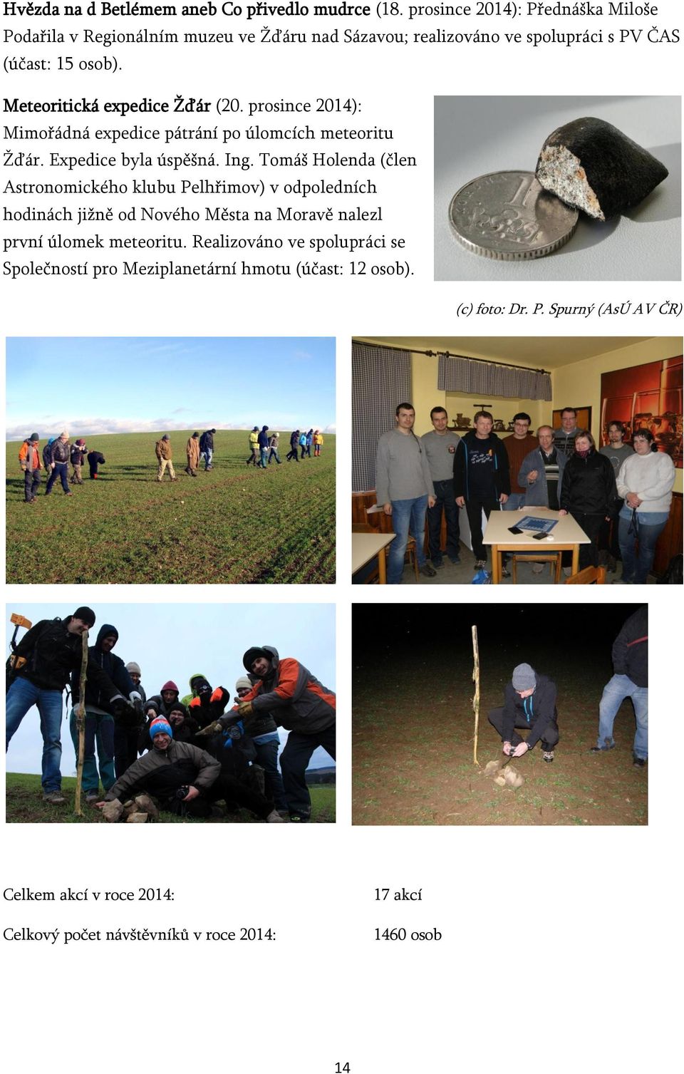 Meteoritická expedice Žďár (20. prosince 2014): Mimořádná expedice pátrání po úlomcích meteoritu Žďár. Expedice byla úspěšná. Ing.