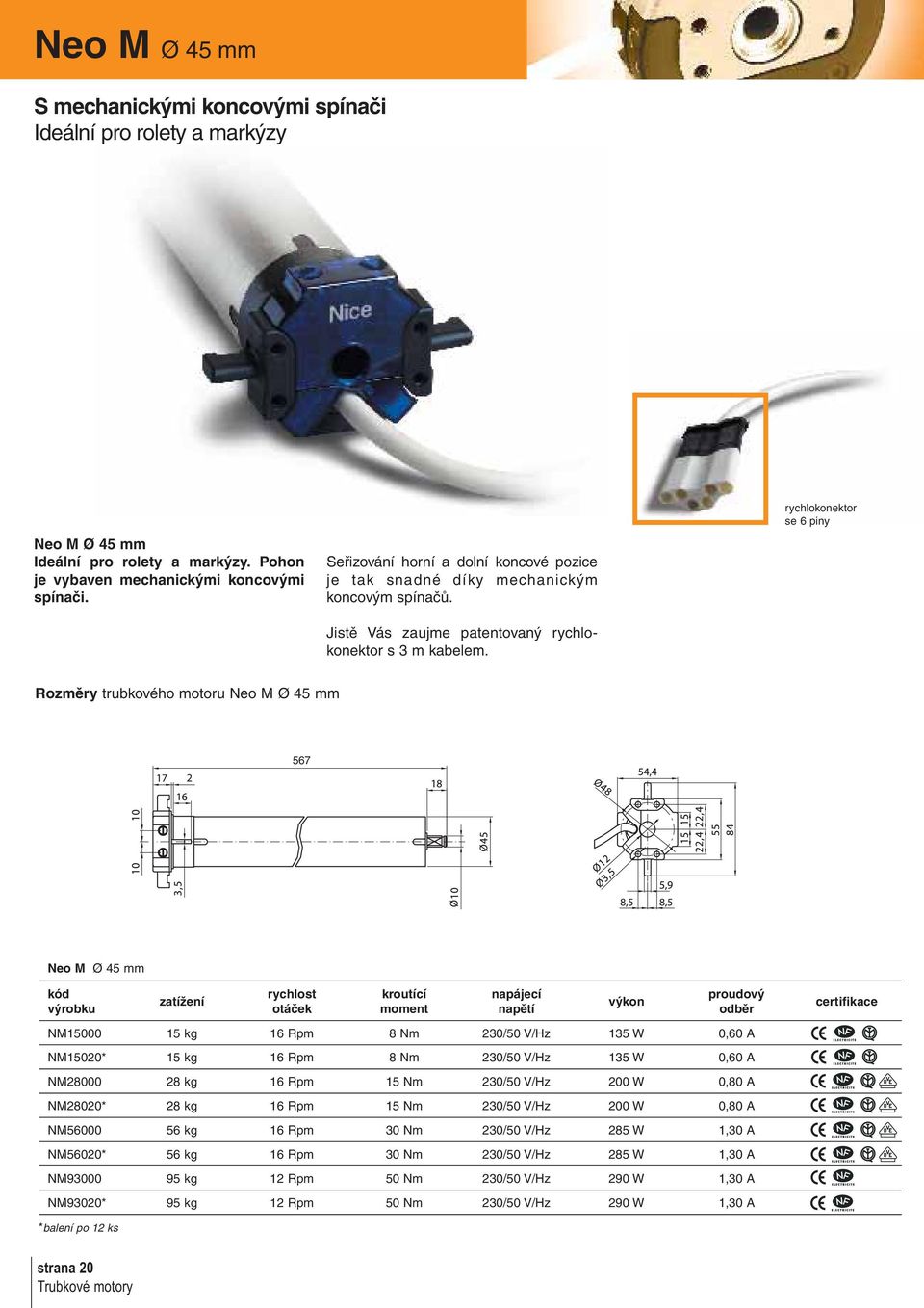 rychlokonektor se 6 piny Rozměry trubkového motoru Neo M Ø 45 mm 567 Neo M Ø 45 mm rychlost otáček kroutící moment napájecí napětí výkon proudový odběr NM15000 15 kg 16 Rpm 8 Nm 230/50 V/Hz 135 W