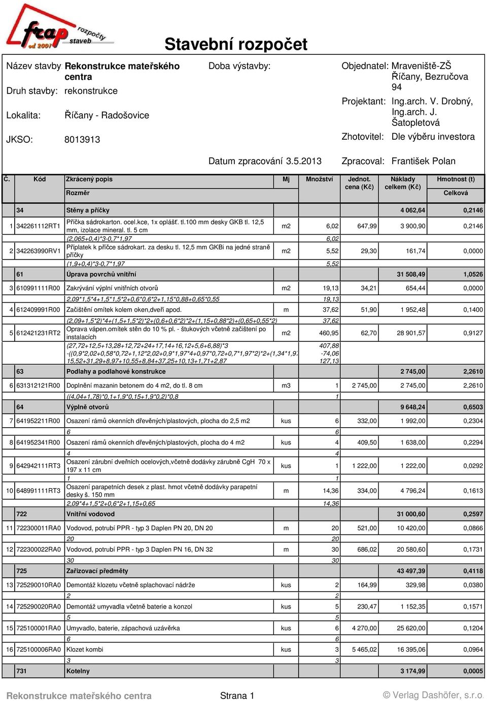 Kód Zkrácený popis 34 Stěny a příčky 4 062,64 0,2146 1 342261112RT1 Příčka sádrokarton. ocel.kce, 1x oplášť. tl.