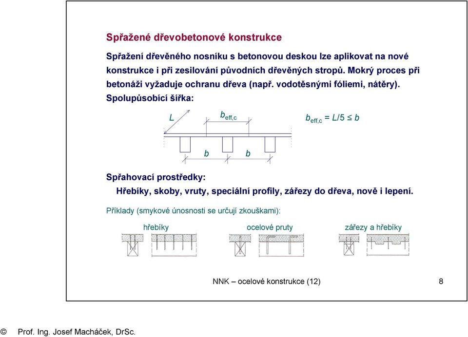 Spolupůsobící šířka: L b eff,c b eff,c = L/5 b b b Spřahovací prostředky: Hřebíky, skoby, vruty, speciální profily, zářezy do