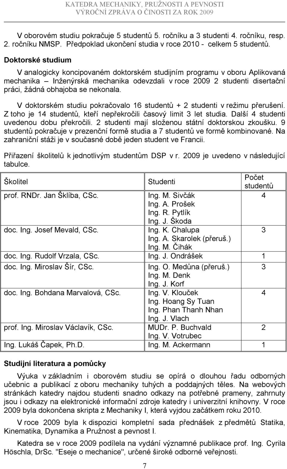 nekonala. V doktorském studiu pokračovalo 16 studentů + 2 studenti v režimu přerušení. Z toho je 14 studentů, kteří nepřekročili časový limit 3 let studia. Další 4 studenti uvedenou dobu překročili.