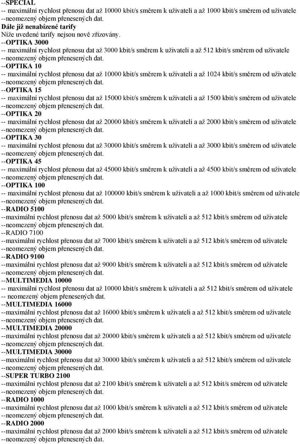 a až 1024 kbit/s směrem od uživatele --OPTIKA 15 -- maximální rychlost přenosu dat až 15000 kbit/s směrem k uživateli a až 1500 kbit/s směrem od uživatele --OPTIKA 20 -- maximální rychlost přenosu