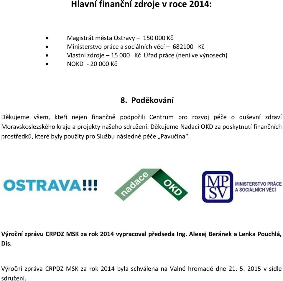 Poděkování Děkujeme všem, kteří nejen finančně podpořili Centrum pro rozvoj péče o duševní zdraví Moravskoslezského kraje a projekty našeho sdružení.