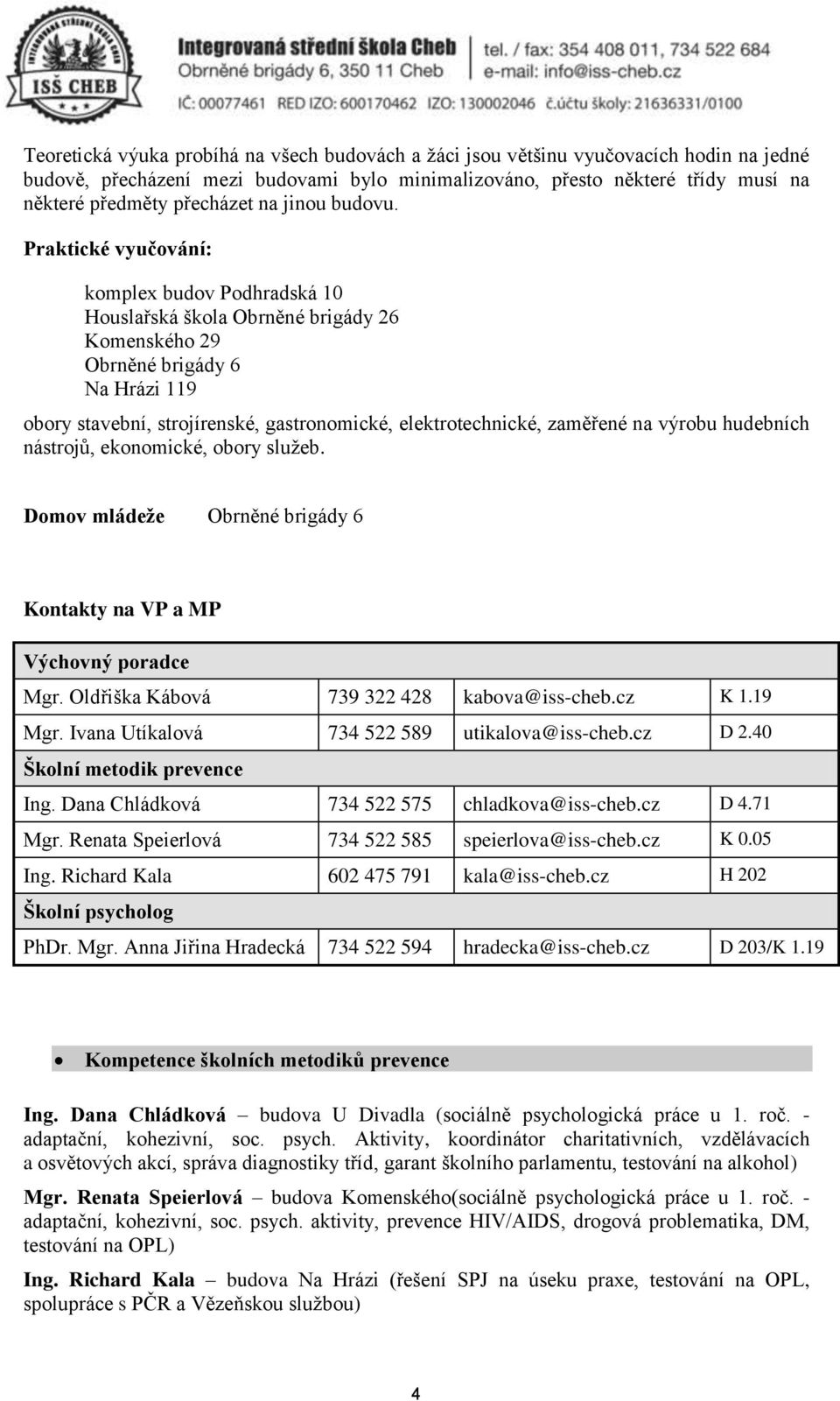 Praktické vyučvání: kmplex budv Pdhradská 10 Huslařská škla Obrněné brigády 26 Kmenskéh 29 Obrněné brigády 6 Na Hrázi 119 bry stavební, strjírenské, gastrnmické, elektrtechnické, zaměřené na výrbu