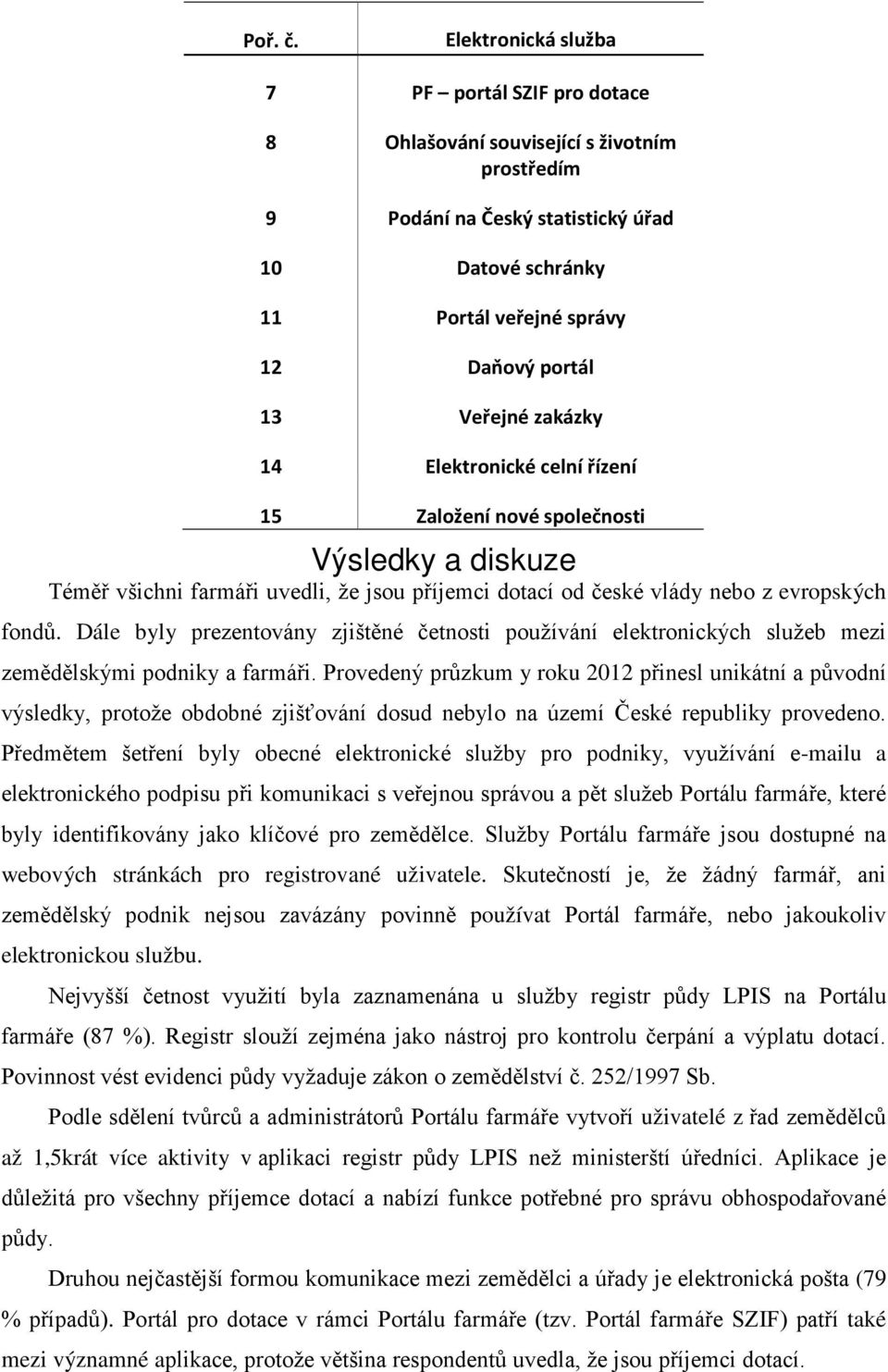 Veřejné zakázky 14 Elektronické celní řízení 15 Založení nové společnosti Výsledky a diskuze Téměř všichni farmáři uvedli, že jsou příjemci dotací od české vlády nebo z evropských fondů.