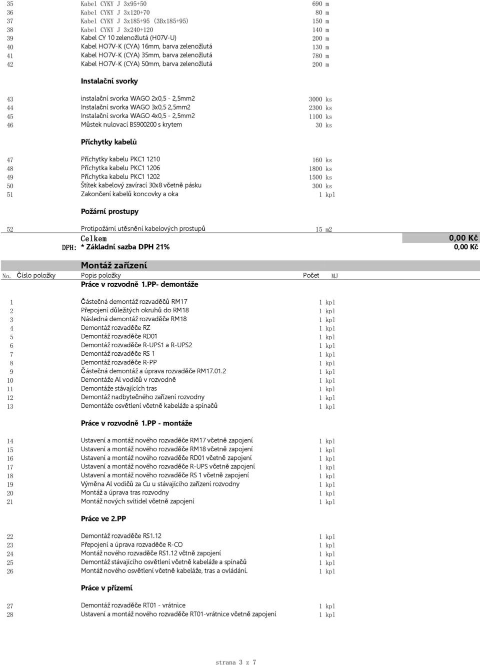 44 Instalační svorka WAGO 3x0,5 2,5mm2 2300 ks 45 Instalační svorka WAGO 4x0,5-2,5mm2 1100 ks 46 Můstek nulovací BS900200 s krytem 30 ks Příchytky kabelů 47 Příchytky kabelu PKC1 1210 160 ks 48