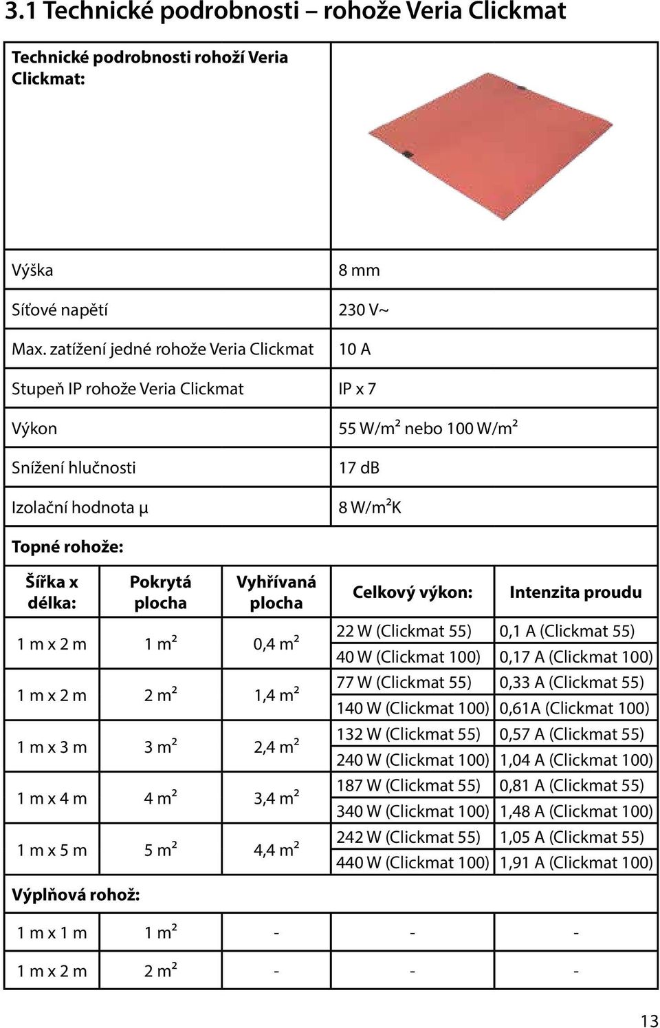 plocha Vyhřívaná plocha 1 m x 2 m 1 m² 0,4 m² 1 m x 2 m 2 m² 1,4 m² 1 m x 3 m 3 m² 2,4 m² 1 m x 4 m 4 m² 3,4 m² 1 m x 5 m 5 m² 4,4 m² Celkový výkon: Intenzita proudu 22 W (Clickmat 55) 0,1 A