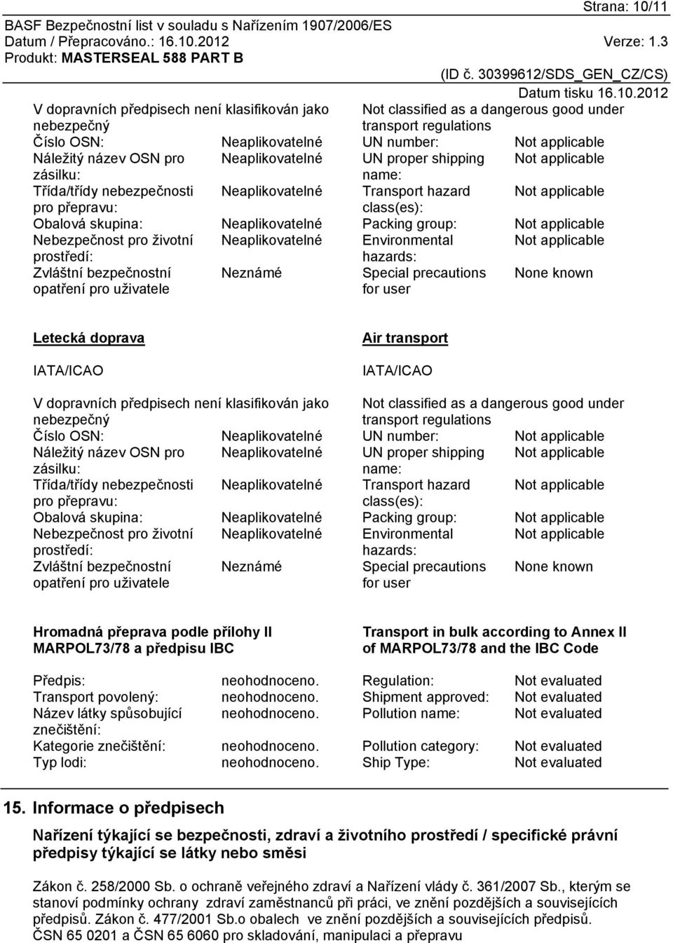 životní Environmental Not applicable prostředí: hazards: Zvláštní bezpečnostní opatření pro uživatele Neznámé Special precautions for user None known Letecká doprava IATA/ICAO Air transport IATA/ICAO