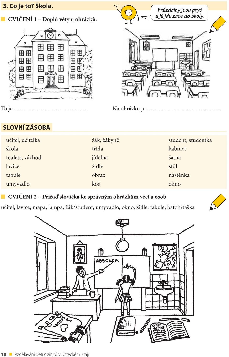 záchod jídelna šatna lavice židle stůl tabule obraz nástěnka umyvadlo koš okno CVIČENÍ 2 Přiřaď slovíčka ke správným obrázkům věcí a osob.