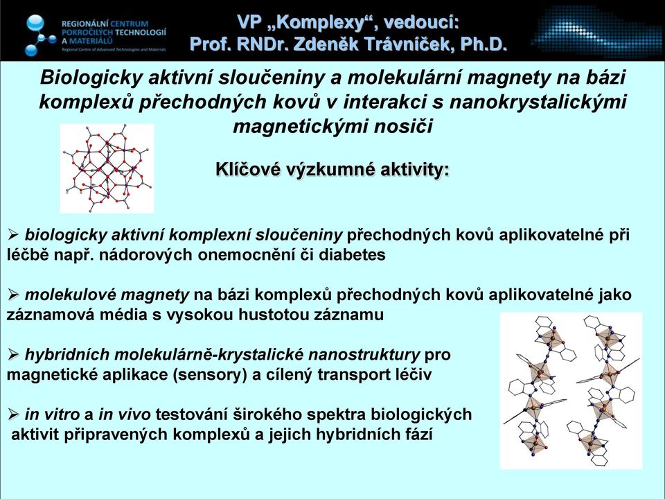 Biologicky aktivní sloučeniny a molekulární magnety na bázi komplexů přechodných kovů v interakci s nanokrystalickými magnetickými nosiči Klíčové výzkumné aktivity: