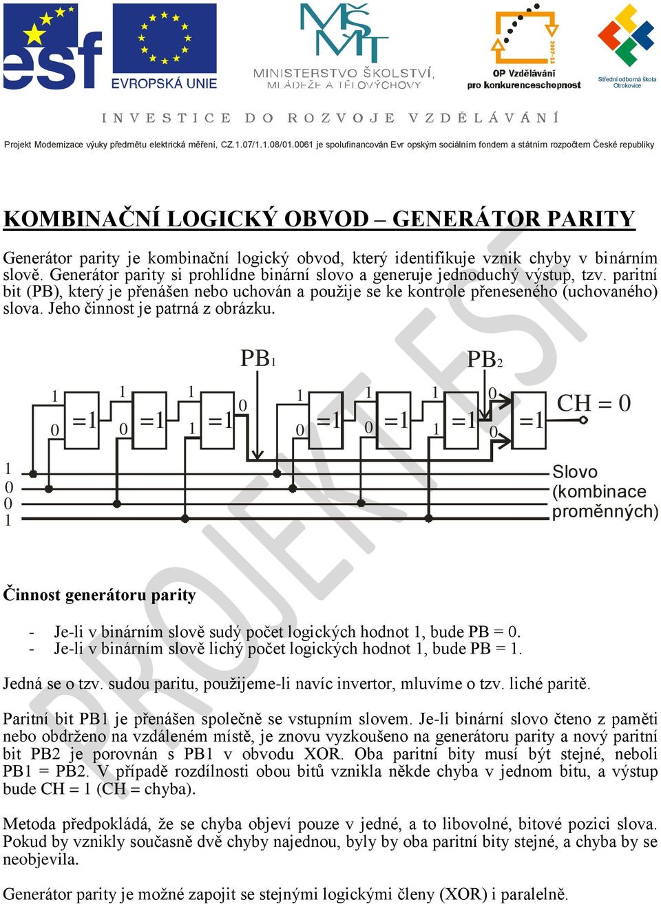 v binárním slově. Generátor parity si prohlídne binární slovo a generuje jednoduchý výstup, tzv.