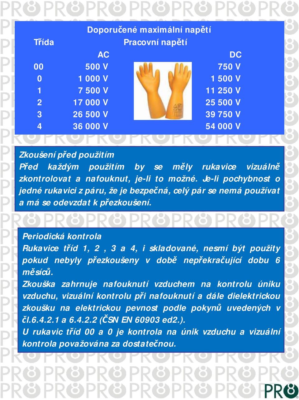 Periodická kontrola Rukavice tříd 1, 2,3 a 4, iskladované, nesmí být použity pokud nebyly přezkoušeny v době nepřekračující dobu 6 měsíců.