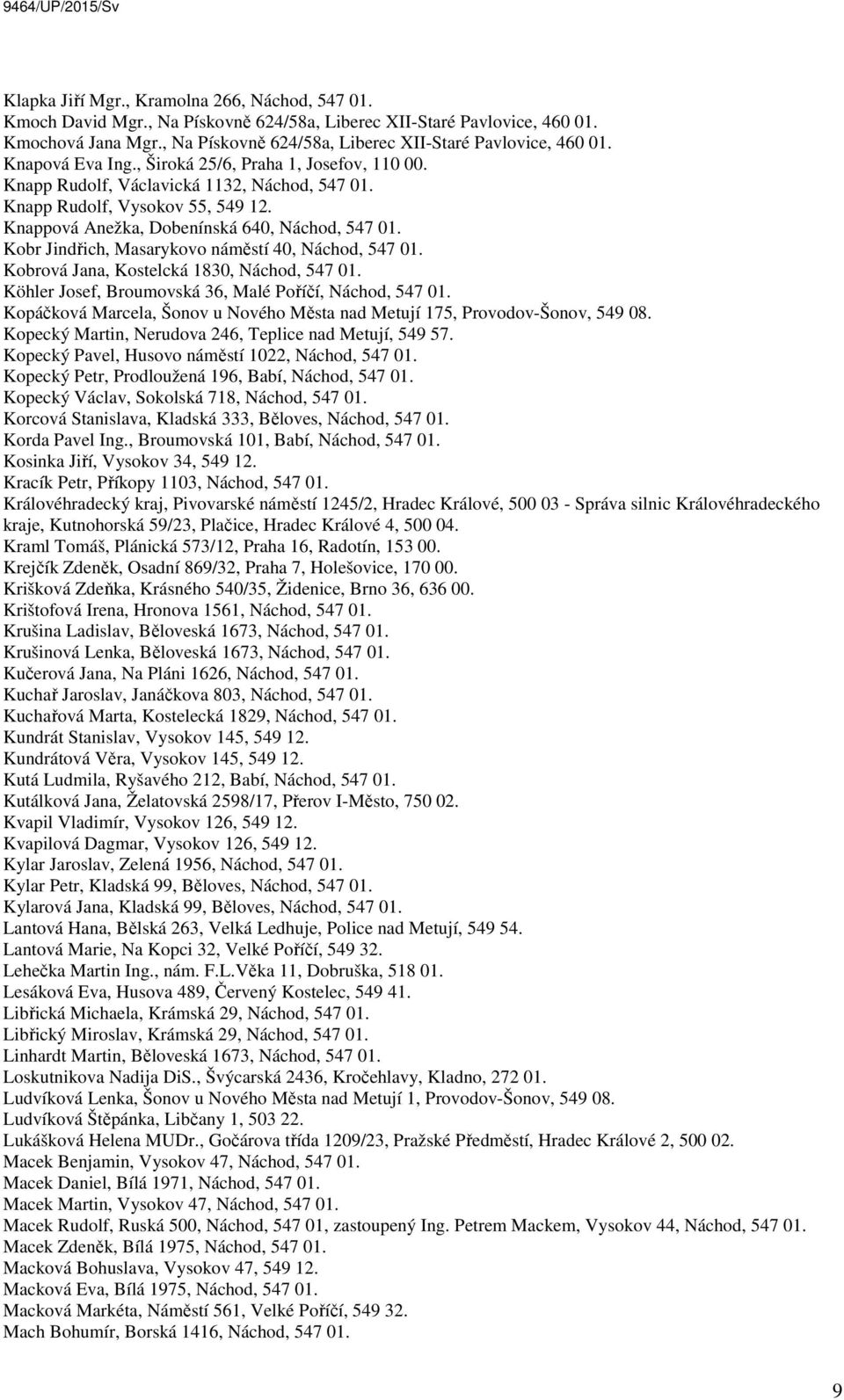 Knappová Anežka, Dobenínská 640, Náchod, 547 01. Kobr Jindřich, Masarykovo náměstí 40, Náchod, 547 01. Kobrová Jana, Kostelcká 1830, Náchod, 547 01.