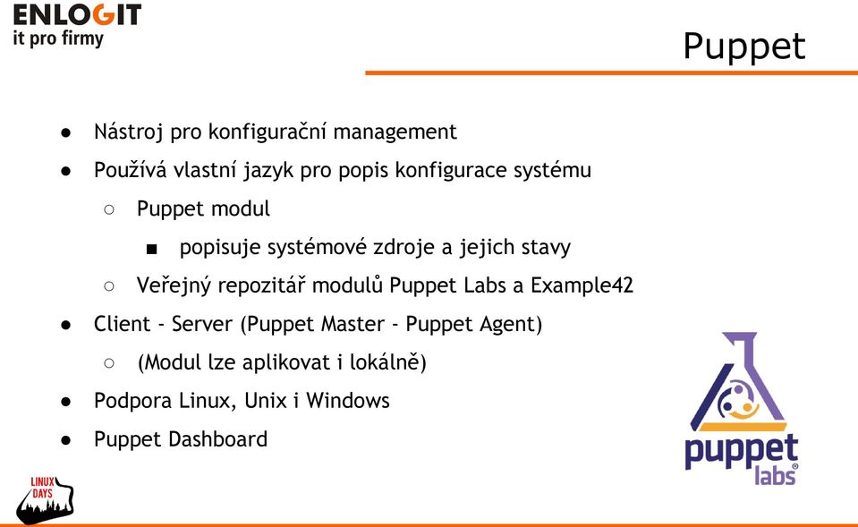 Veřejný repozitář modulů Puppet Labs a Example42 Client - Server (Puppet Master