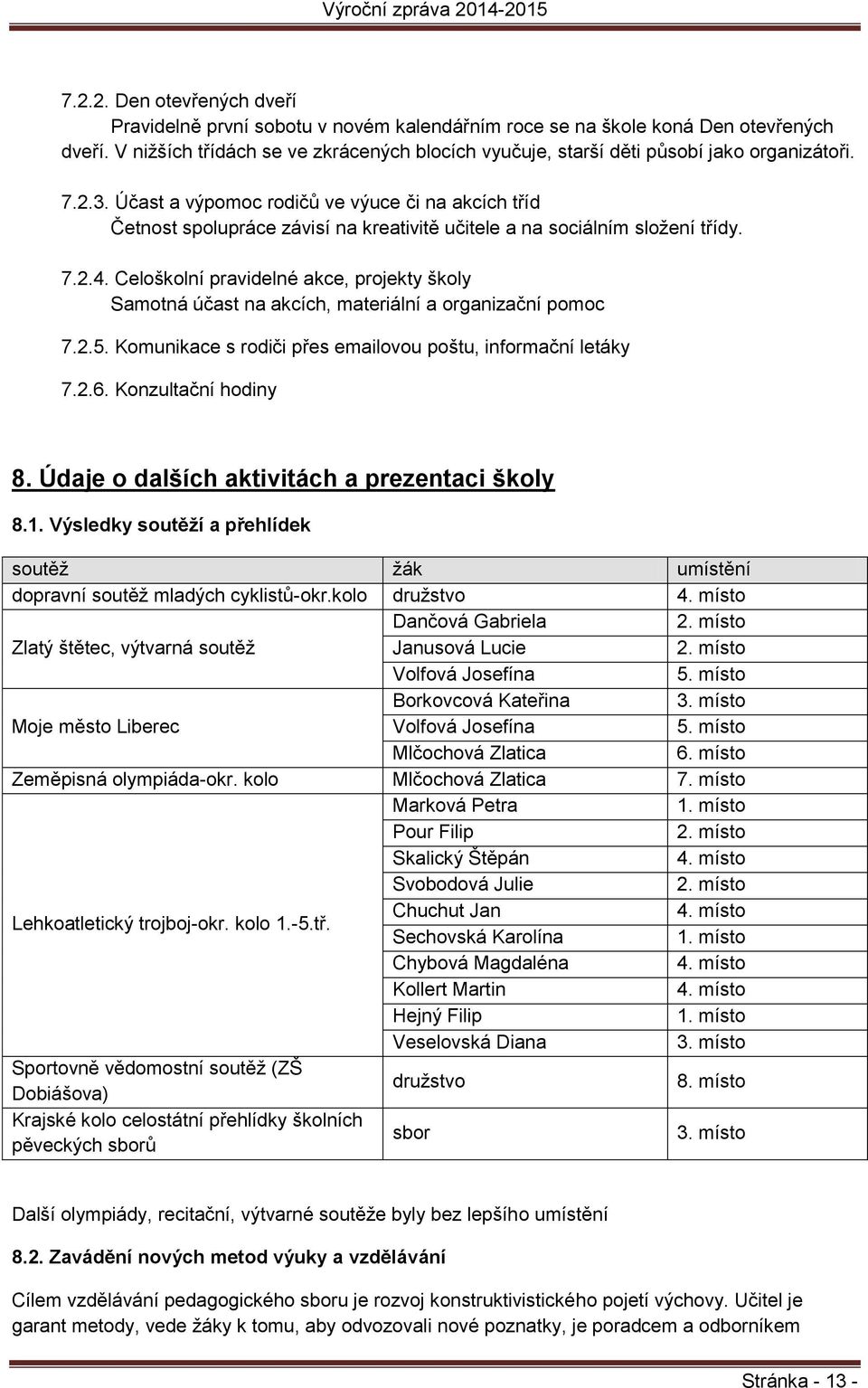 Účast a výpomoc rodičů ve výuce či na akcích tříd Četnost spolupráce závisí na kreativitě učitele a na sociálním složení třídy. 7.2.4.