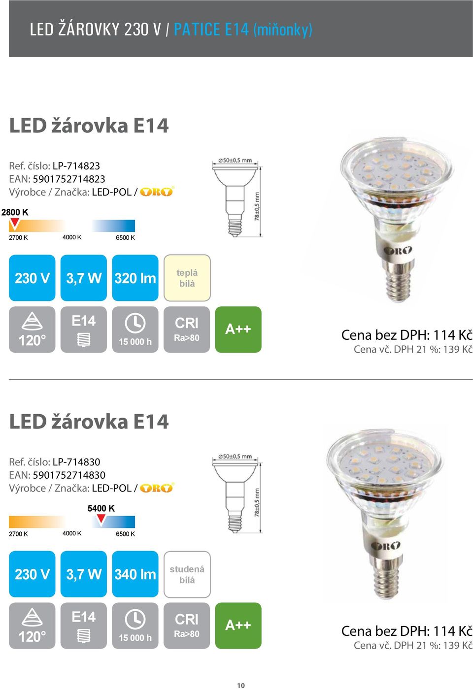 bez DPH: 114 Kč Cena vč. DPH 21 %: 139 Kč LED žárovka E14 Ref.