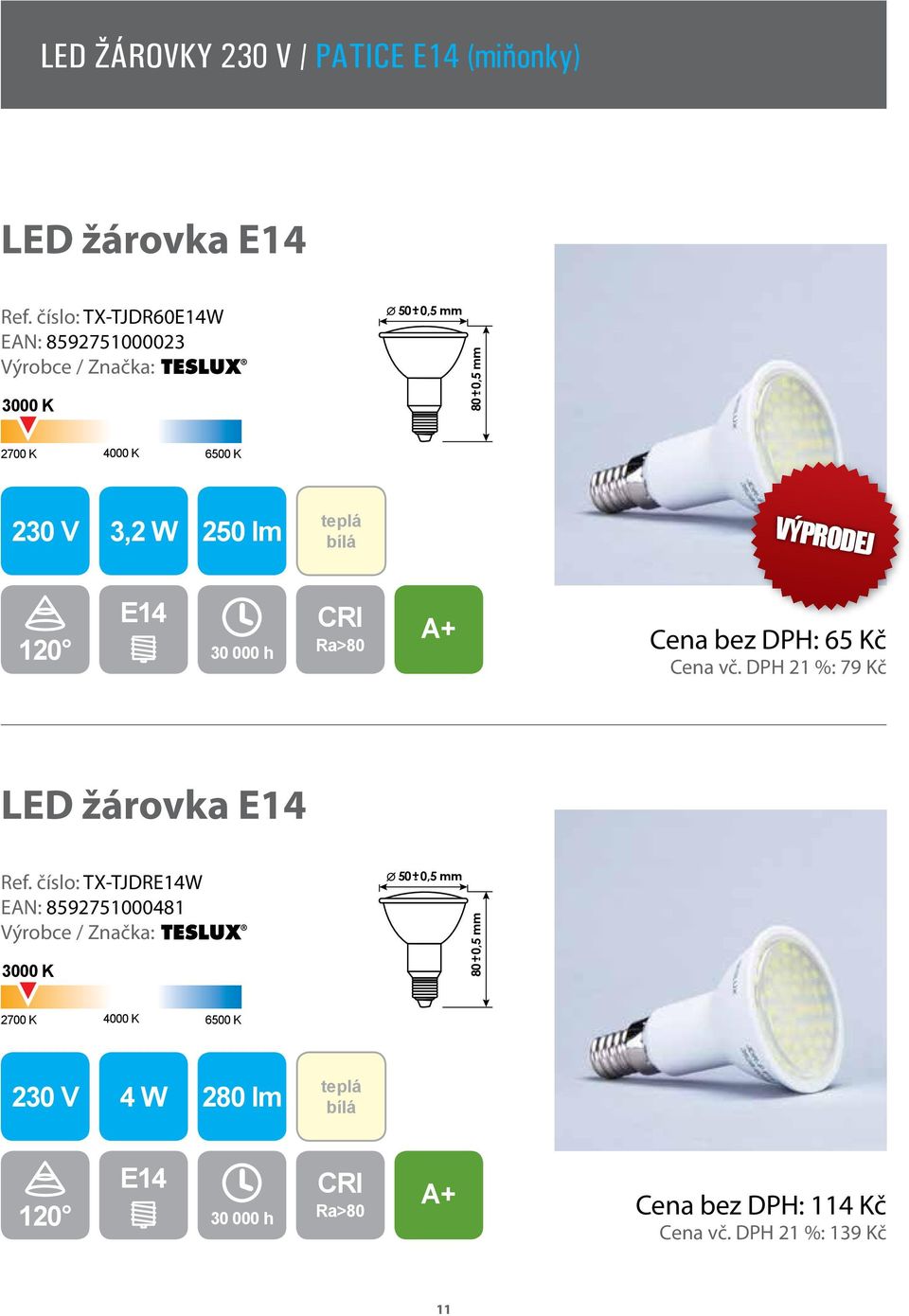 120 E14 30 000 h Cena bez DPH: 65 Kč Cena vč. DPH 21 %: 79 Kč LED žárovka E14 Ref.