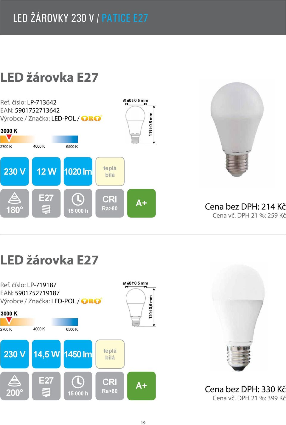 180 E27 Cena bez DPH: 214 Kč Cena vč. DPH 21 %: 259 Kč LED žárovka E27 Ref.