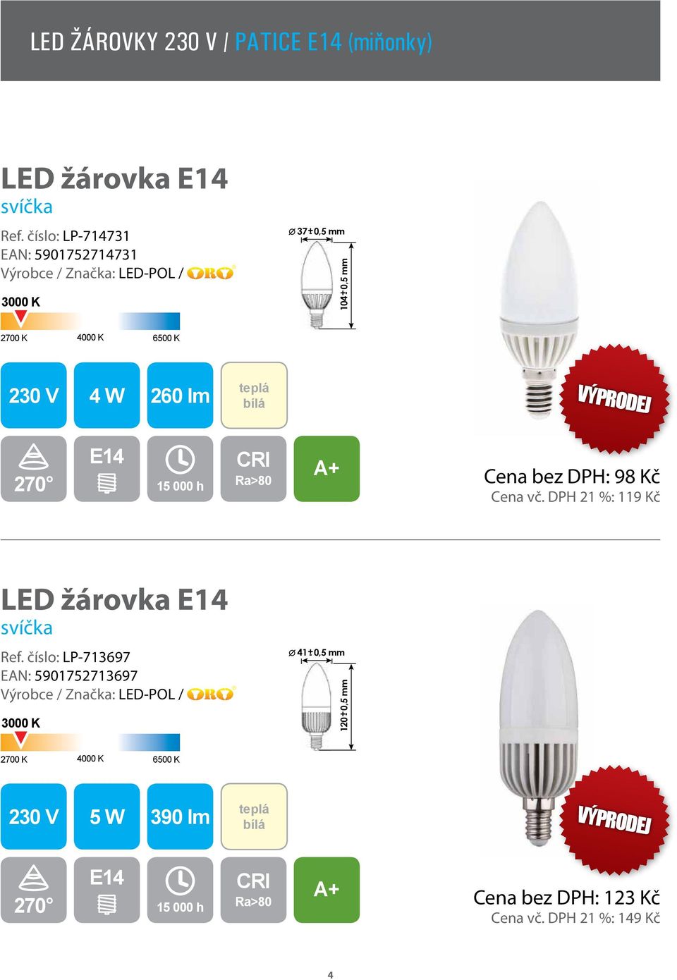 E14 Cena bez DPH: 98 Kč Cena vč. DPH 21 %: 119 Kč LED žárovka E14 svíčka Ref.