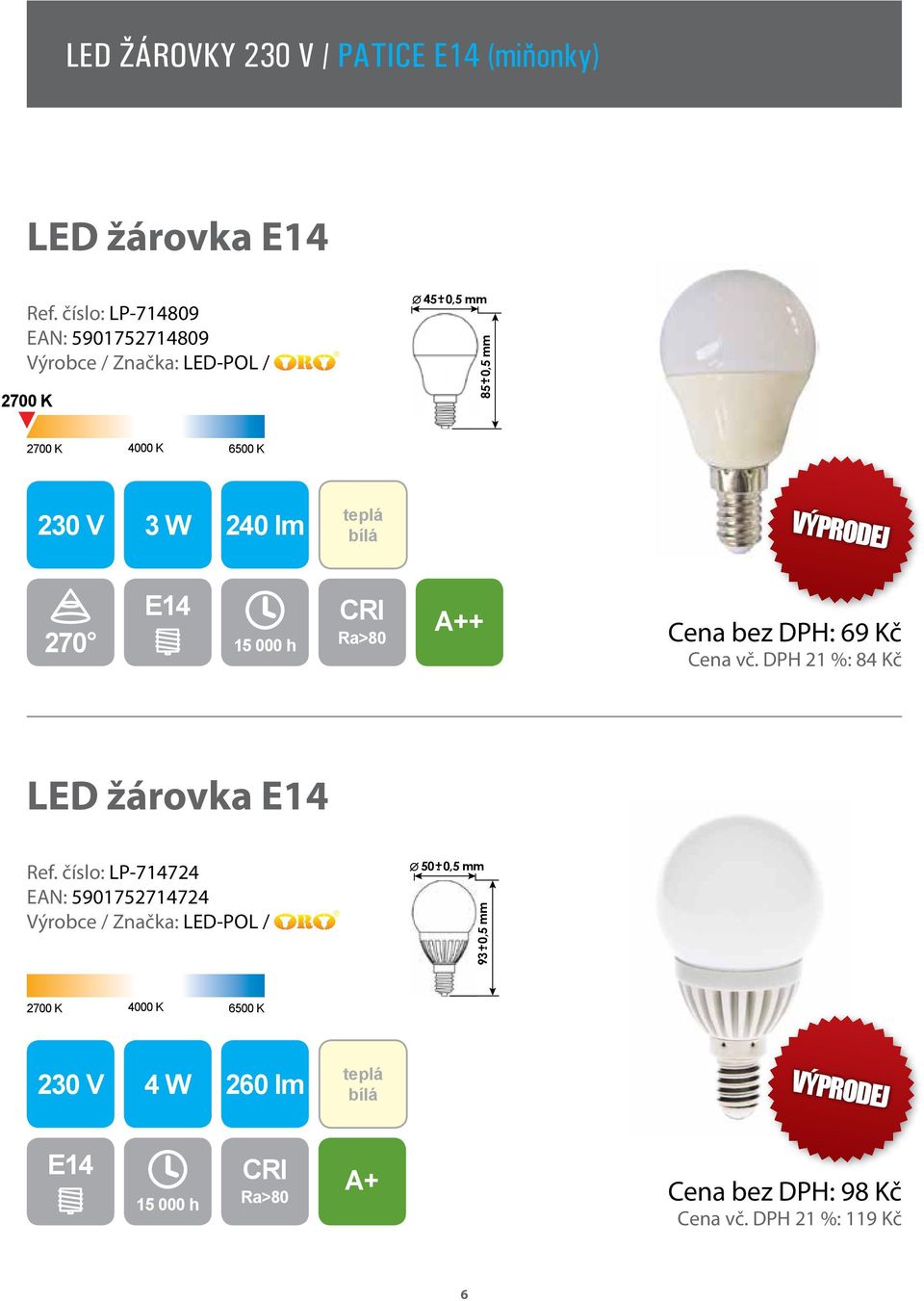 VÝPRODEJ 270 E14 + Cena bez DPH: 69 Kč Cena vč. DPH 21 %: 84 Kč LED žárovka E14 Ref.