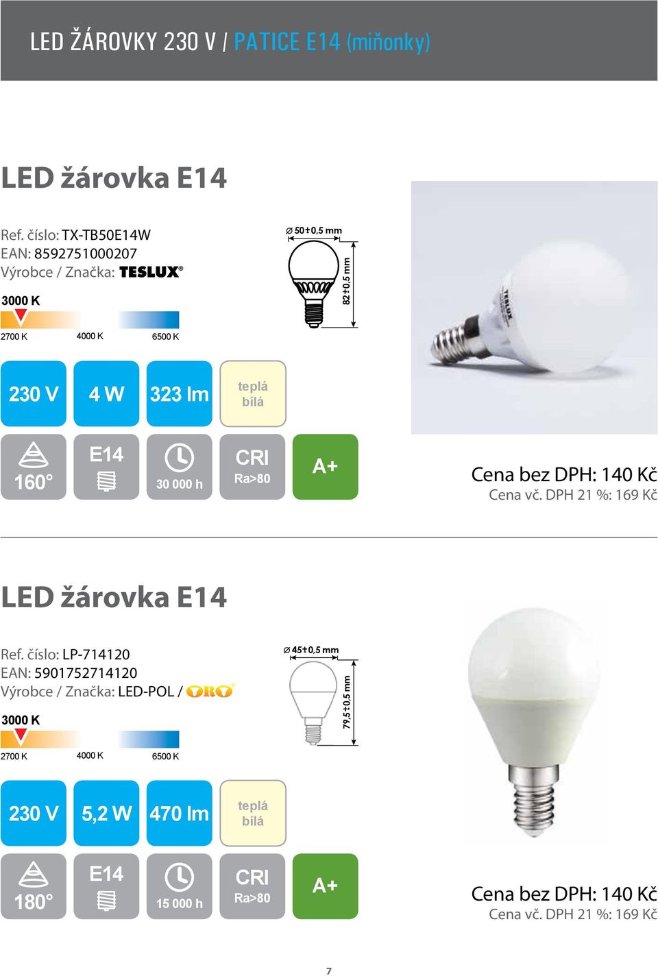 30 000 h Cena bez DPH: 140 Kč Cena vč. DPH 21 %: 169 Kč LED žárovka E14 Ref.