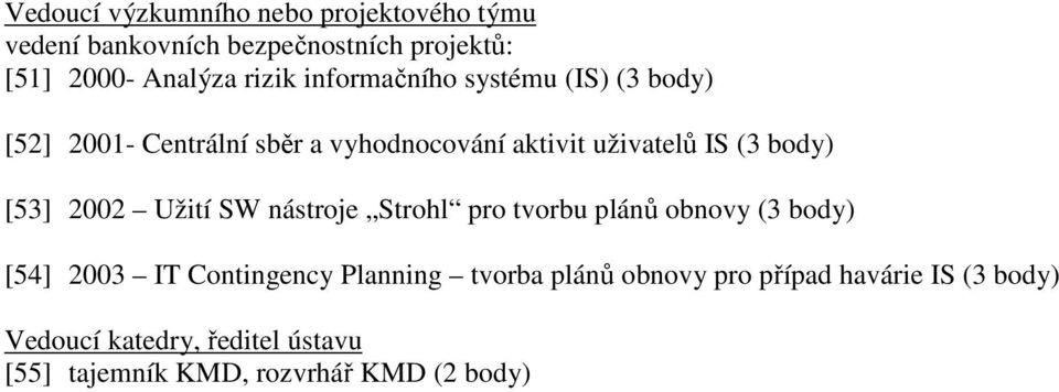 [53] 2002 Užití SW nástroje Strohl pro tvorbu plánů obnovy (3 body) [54] 2003 IT Contingency Planning tvorba