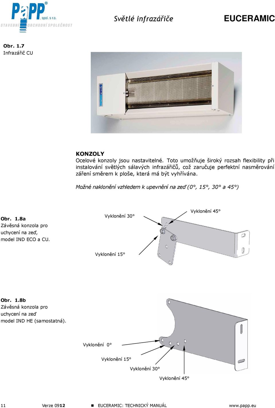 ploše, která má být vyhřívána. Možné naklonění vzhledem k upevnění na zeď (0, 15, 30 a 45 ) Obr. 1.8a Závěsná konzola pro uchycení na zeď, model IND ECO a CU.