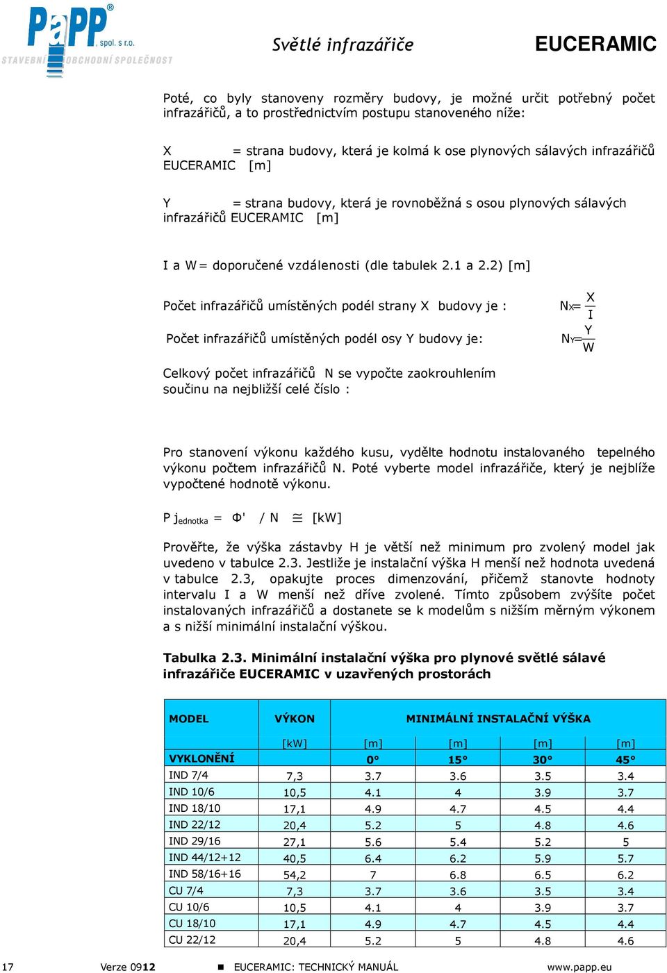 2) [m] Počet infrazářičů umístěných podél strany X budovy je : Počet infrazářičů umístěných podél osy Y budovy je: X NX = I Y NY = W Celkový počet infrazářičů N se vypočte zaokrouhlením součinu na