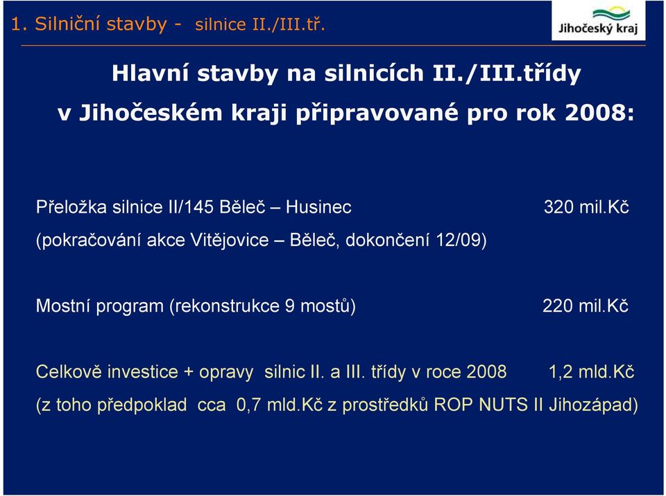 třídy v Jihočeském kraji připravované pro rok 2008: Přeložka silnice II/145 Běleč Husinec 320 mil.