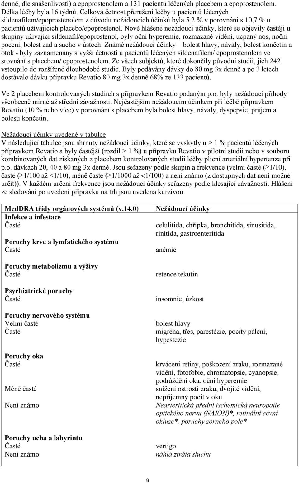 Nově hlášené nežádoucí účinky, které se objevily častěji u skupiny užívající sildenafil/epoprostenol, byly oční hyperemie, rozmazané vidění, ucpaný nos, noční pocení, bolest zad a sucho v ústech.