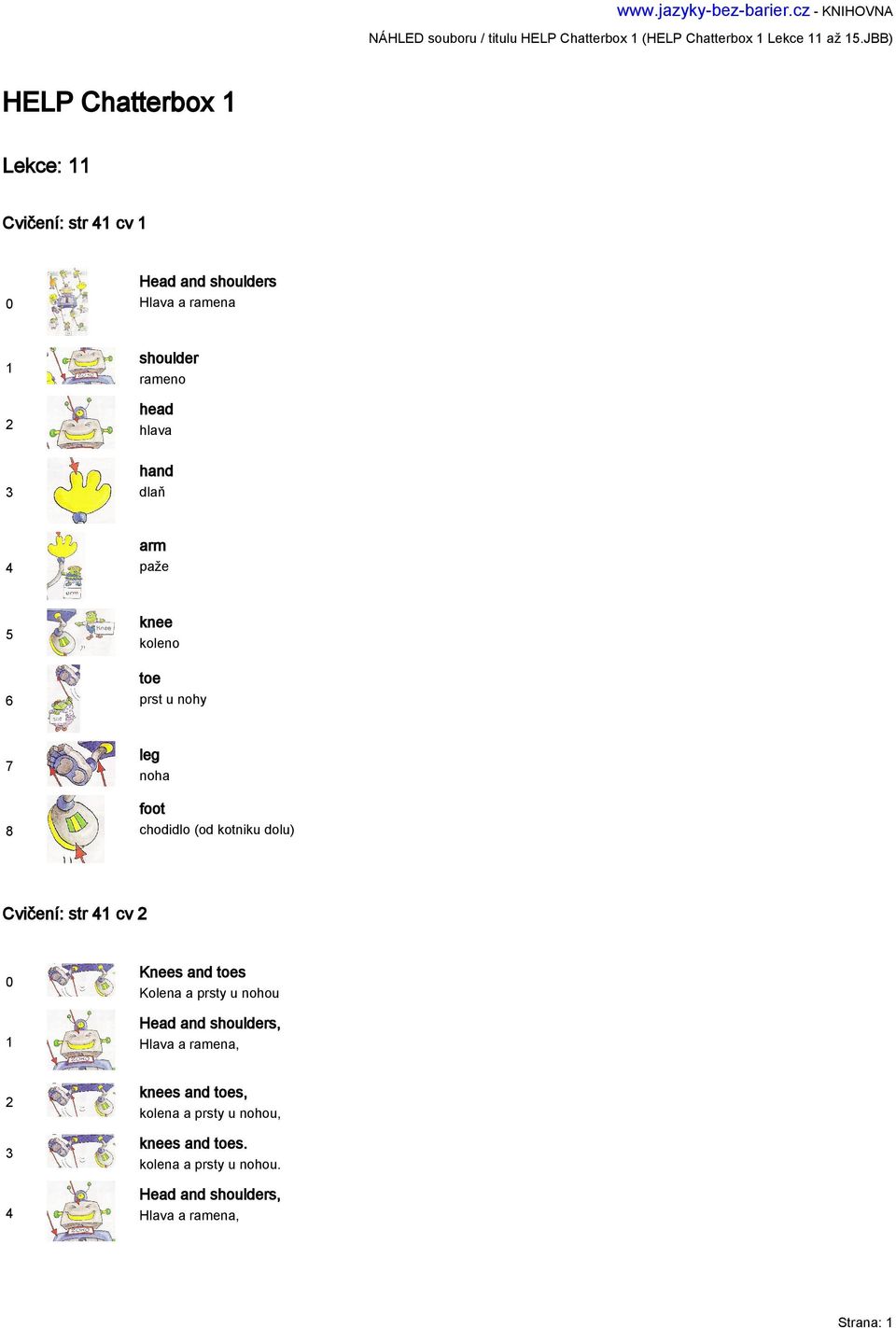 knee koleno toe prst u nohy leg noha foot chodidlo (od kotniku dolu) Cvičení: str cv Knees and toes Kolena a prsty u nohou