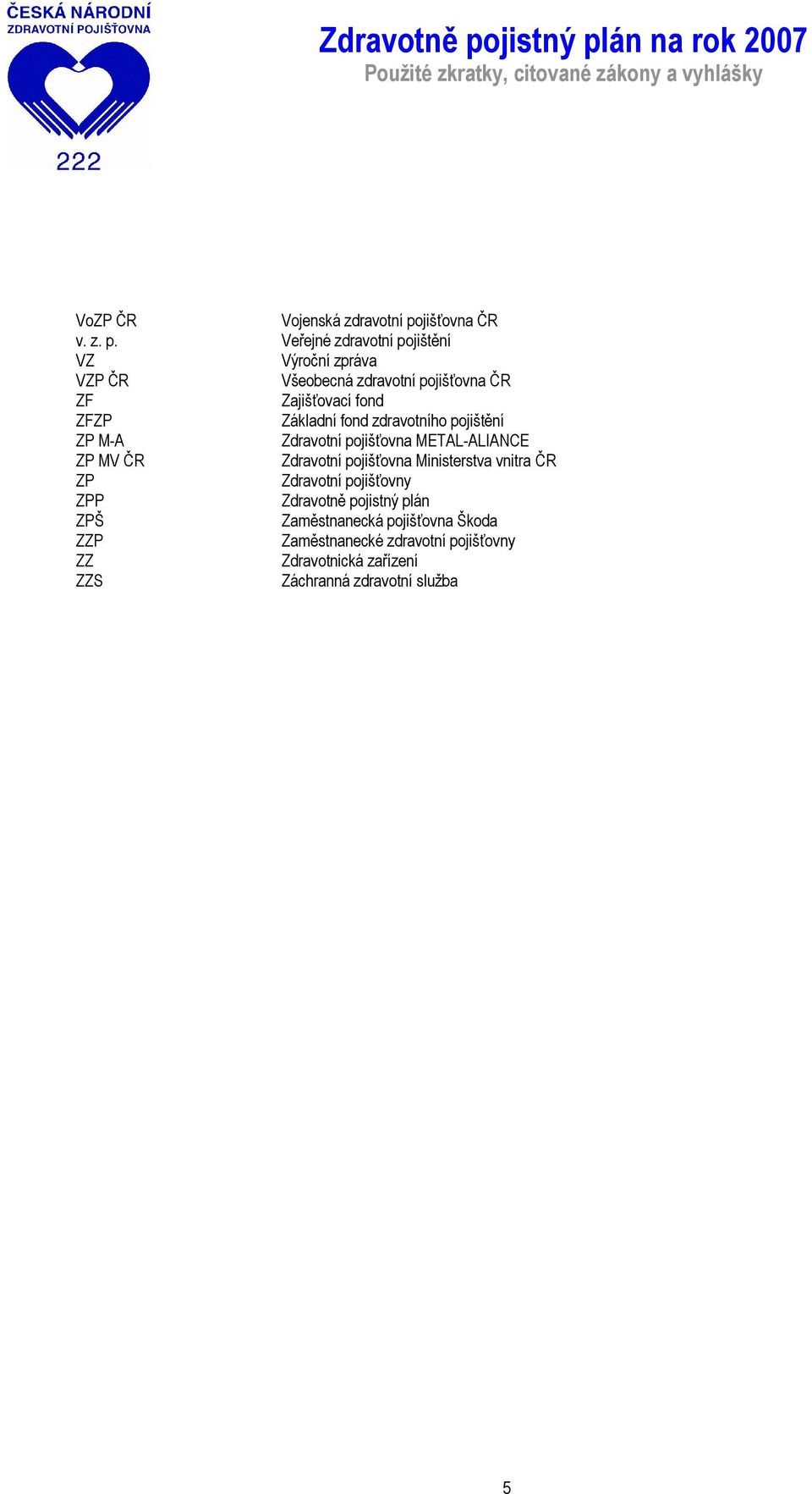 Veřejné zdravotní pojištění VZ Výroční zpráva VZP ČR Všeobecná zdravotní pojišťovna ČR ZF Zajišťovací fond ZFZP Základní fond