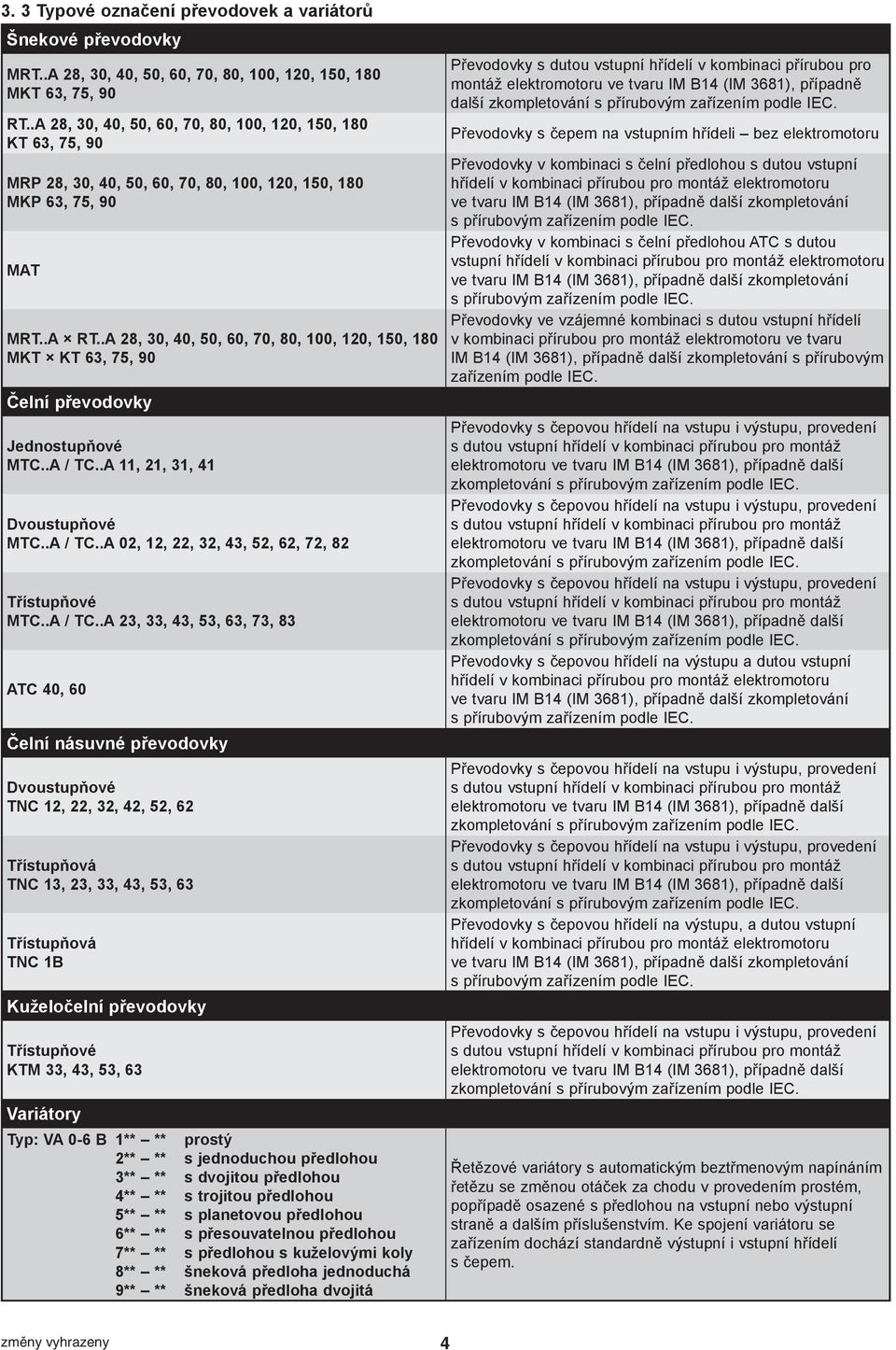 .A 28, 30, 40, 50, 60, 70, 80, 100, 120, 150, 180 MKT KT 63, 75, 90 Čelní převodovky Jednostupňové MTC..A / TC..A 11, 21, 31, 41 Dvoustupňové MTC..A / TC..A 02, 12, 22, 32, 43, 52, 62, 72, 82 Třístupňové MTC.