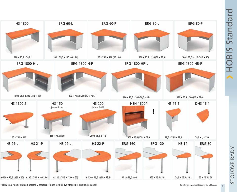 1800 H-P HS 200 jednací stůl 200 x 75,5 x 110 HS 22-P ERG 60-P 120 x 75,5 x (60 x 78,6) ERG 1800 HR-L 180 x 75,5 x 200 (78,6 x 42) 180 x 75,5 x 200 (42 x 78,6) ERG 160 157,2 x 75,5 x 60 HSN 1600* 160