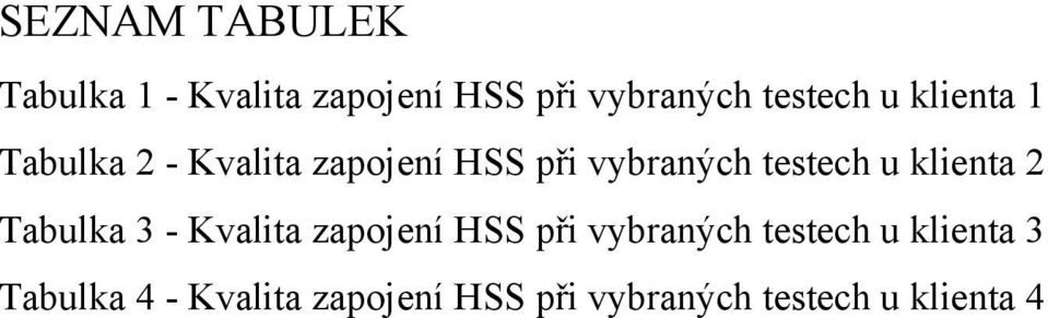 klienta 2 Tabulka 3 - Kvalita zapojení HSS při vybraných testech u