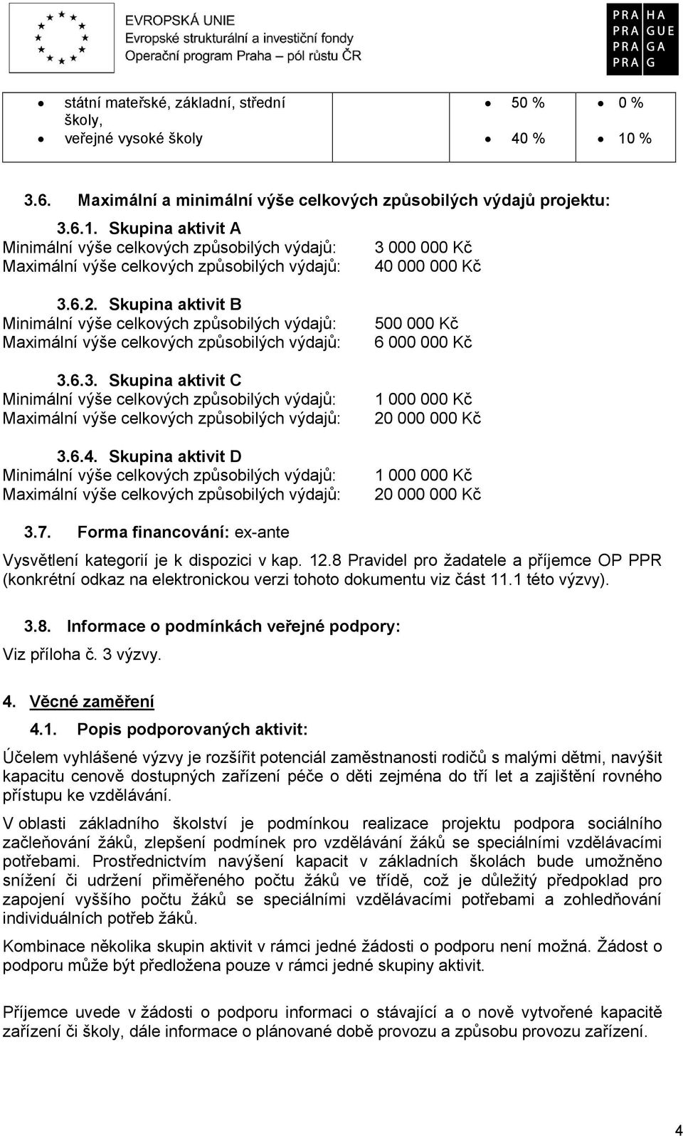 Skupina aktivit A Minimální výše celkových způsobilých výdajů: 3 000 000 Kč Maximální výše celkových způsobilých výdajů: 40 000 000 Kč 3.6.2.