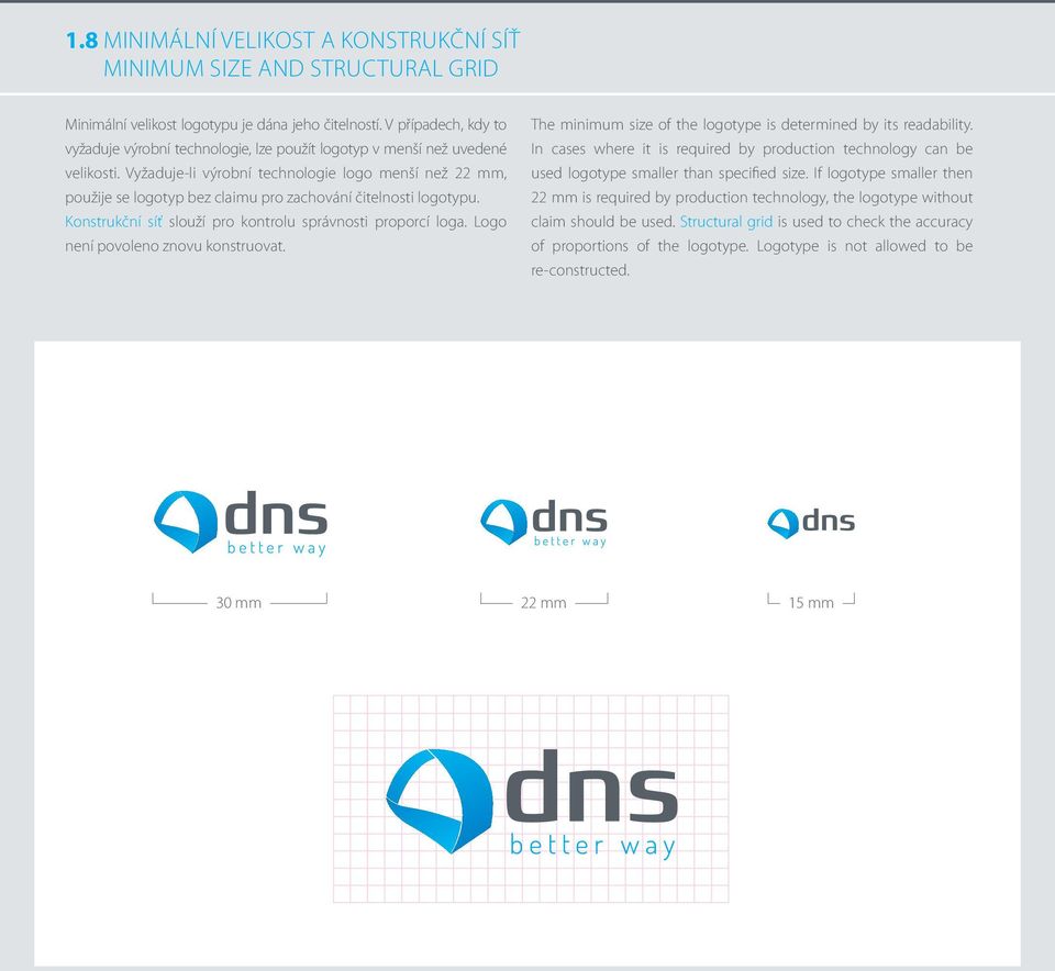 Vyžaduje-li výrobní technologie logo menší než 22 mm, použije se logotyp bez claimu pro zachování čitelnosti logotypu. Konstrukční síť slouží pro kontrolu správnosti proporcí loga.