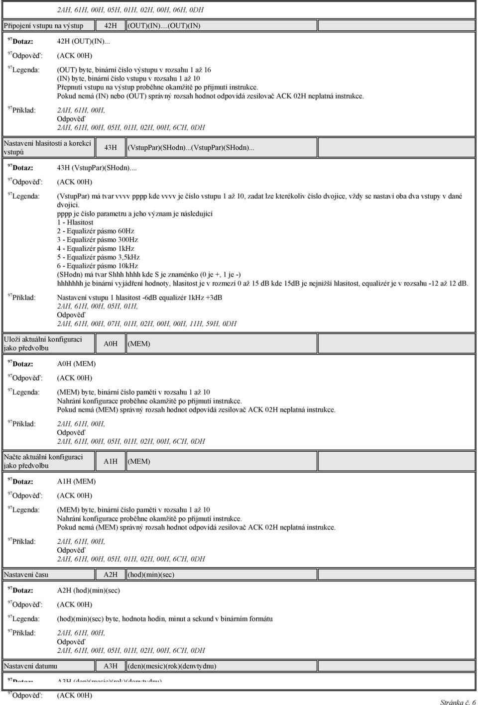 Pokud nemá (IN) nebo (OUT) správný rozsah hodnot odpovídá zesilovač ACK 02H neplatná instrukce. Nastavení hlasitostí a korekcí vstupů 43H (VstupPar)(SHodn)...(VstupPar)(SHodn)... 97 Dotaz: 43H (VstupPar)(SHodn).