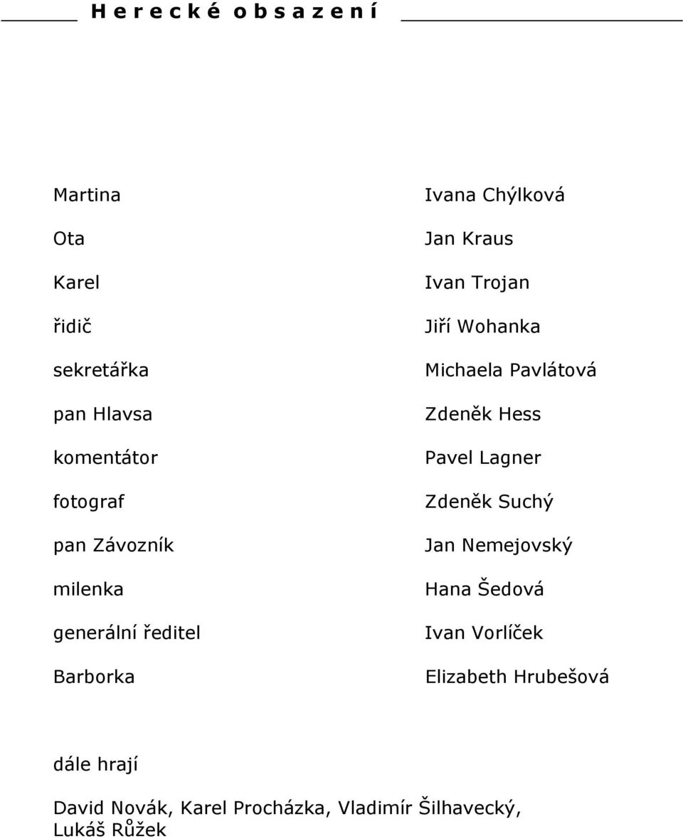Wohanka Michaela Pavlátová Zdeněk Hess Pavel Lagner Zdeněk Suchý Jan Nemejovský Hana Šedová Ivan