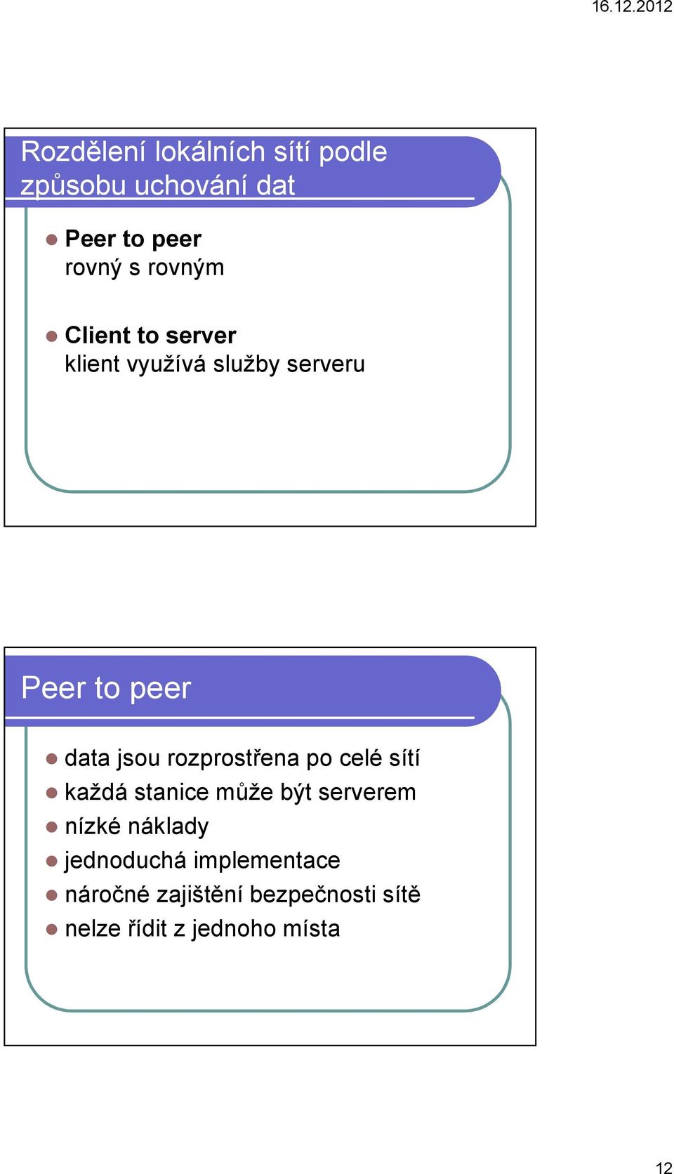 rozprostřena po celé sítí každá stanice může být serverem nízké náklady