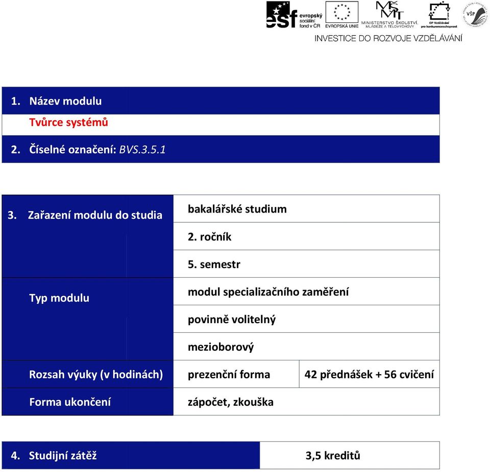 semestr Typ modulu modul specializačního zaměření povinně volitelný