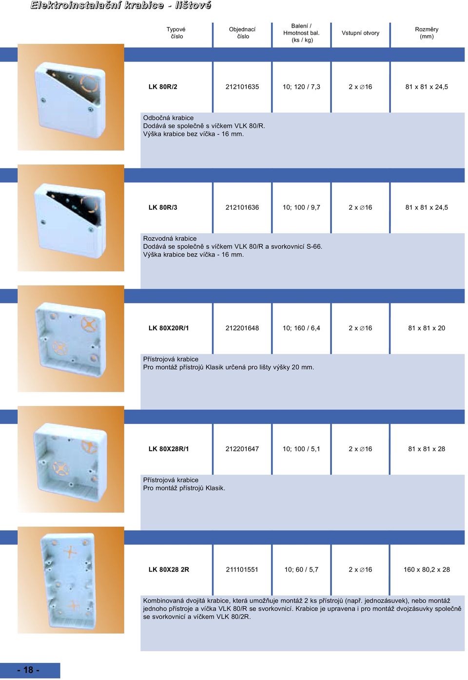 LK 8020R/1 212201648 10; 160 / 6,4 2 x 16 81 x 81 x 20 Pro montáž přístrojů Klasik určená pro lišty výšky 20 mm. LK 8028R/1 212201647 10; 100 / 5,1 2 x 16 81 x 81 x 28 Pro montáž přístrojů Klasik.