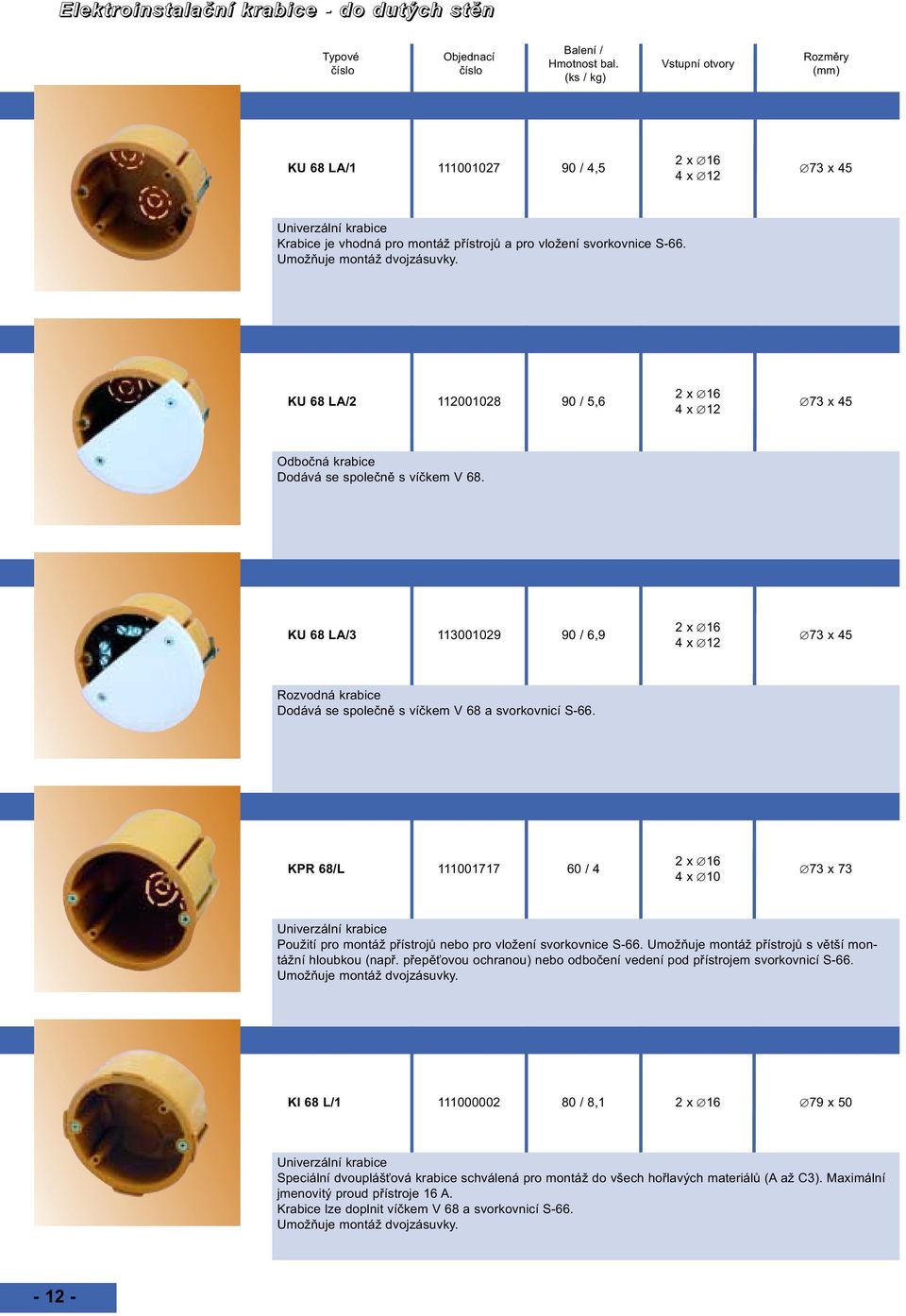 2 x 16 KU 68 LA/3 113001029 90 / 6,9 73 x 45 4 x 12 Rozvodná krabice Dodává se společně s víčkem V 68 a svorkovnicí S-66.