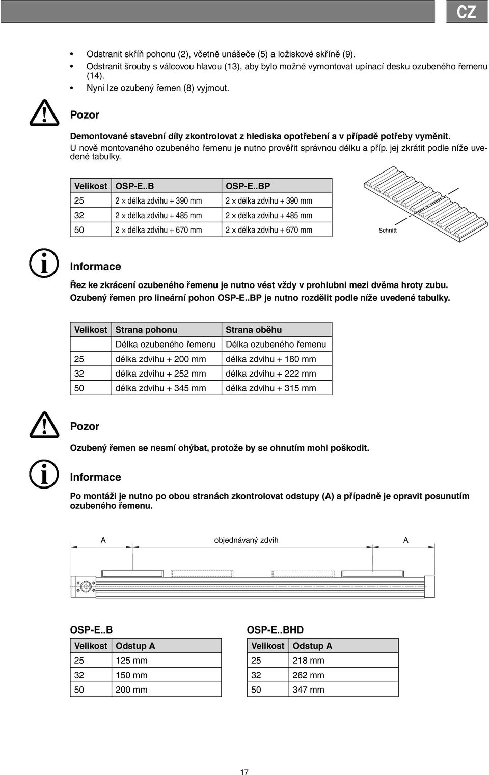 U nově montovaného ozubeného řemenu je nutno prověřit správnou délku a příp. jej zkrátit podle níže uvedené tabulky. Velikost OSP-E..B OSP-E.
